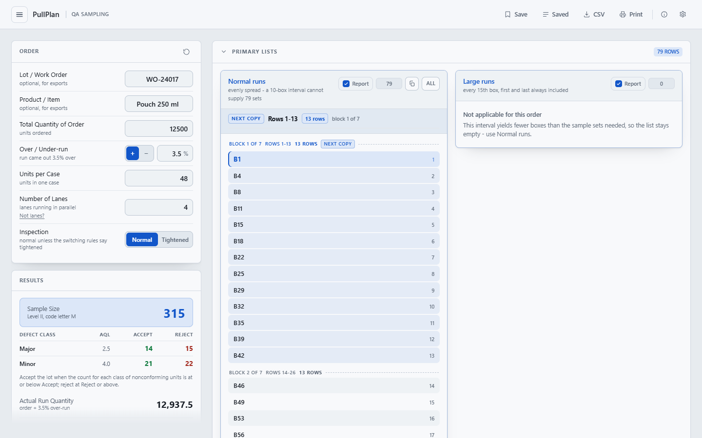 PullPlan open in the Alderworks Quality Suite, working out a sampling plan and pull list for an order exactly as it does on its own, with the menu button at the top left.