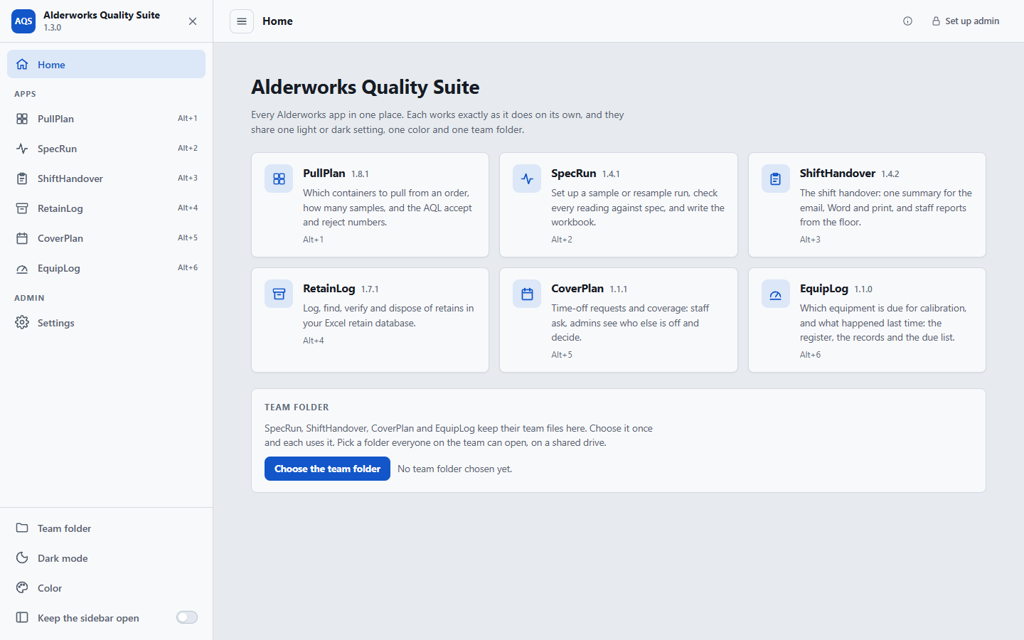 The Alderworks Quality Suite home page, with the six apps in the sidebar