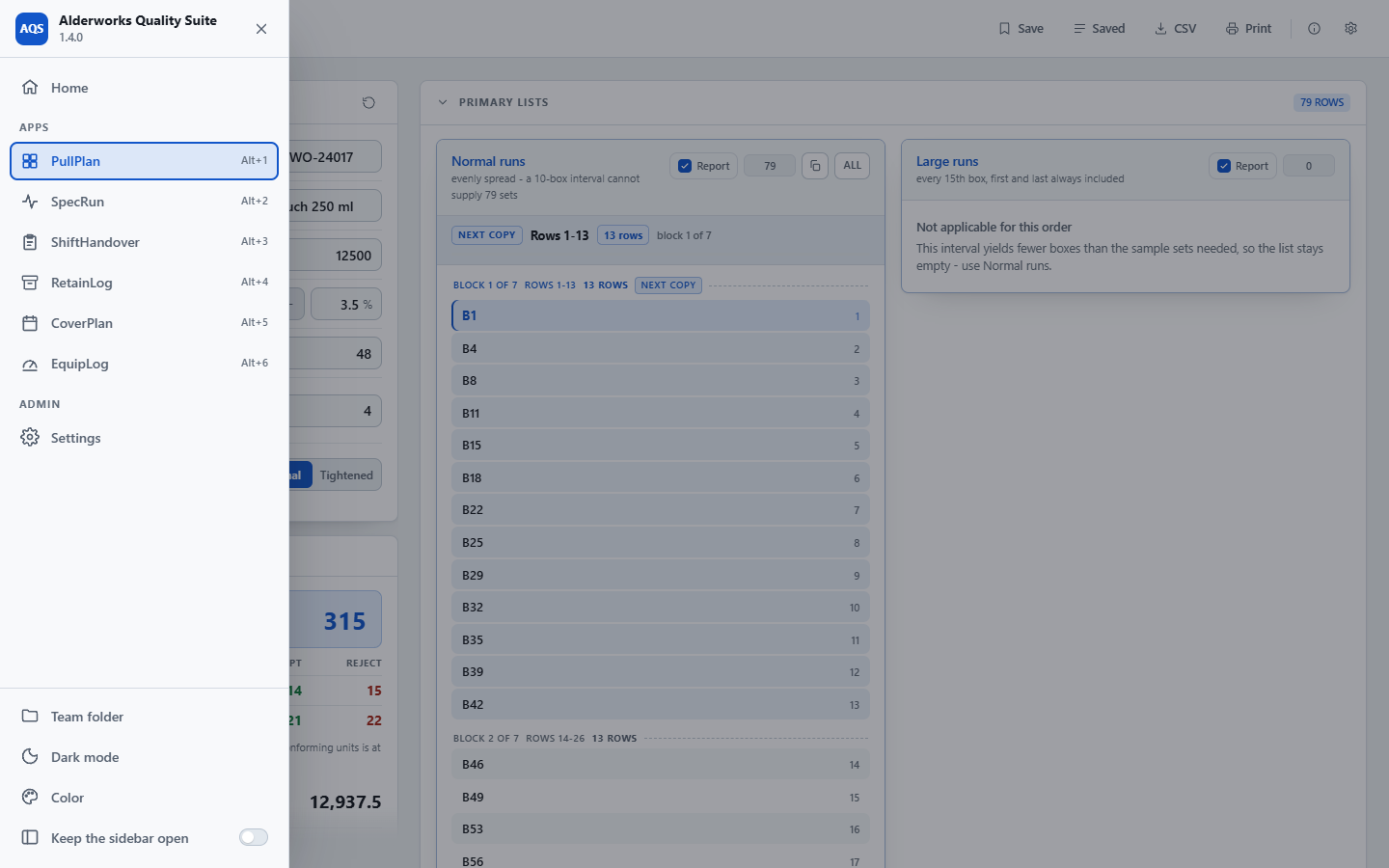 The Alderworks Quality Suite sidebar open over PullPlan: Home, the six apps with Alt+1 to Alt+6, Settings, and the team folder, dark mode, color and admin controls.