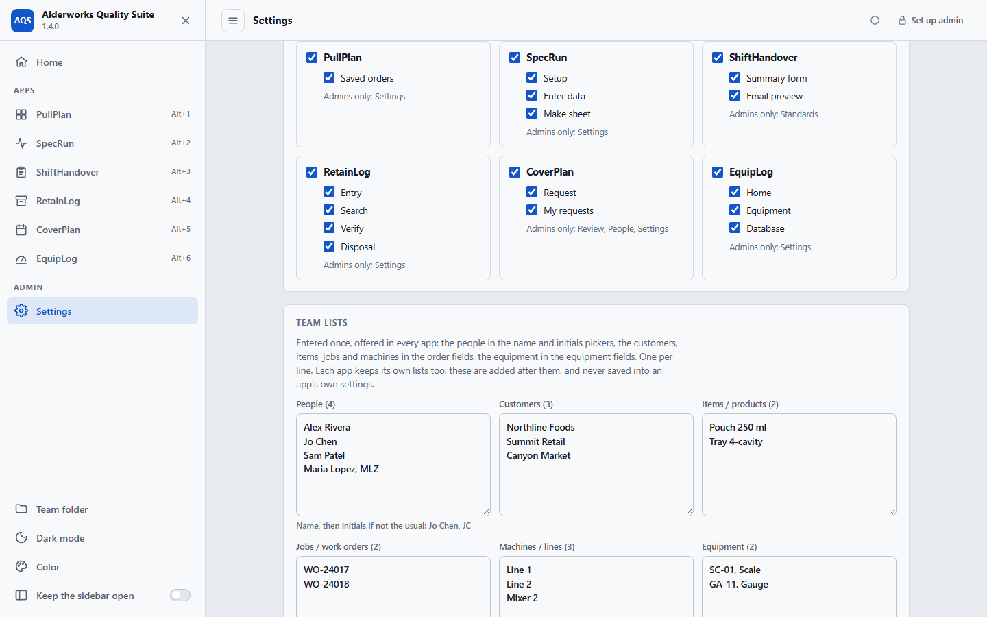 The Alderworks Quality Suite Settings page: a checklist of the apps and pages the staff see, and the team lists of people, customers, items, jobs, machines and equipment.