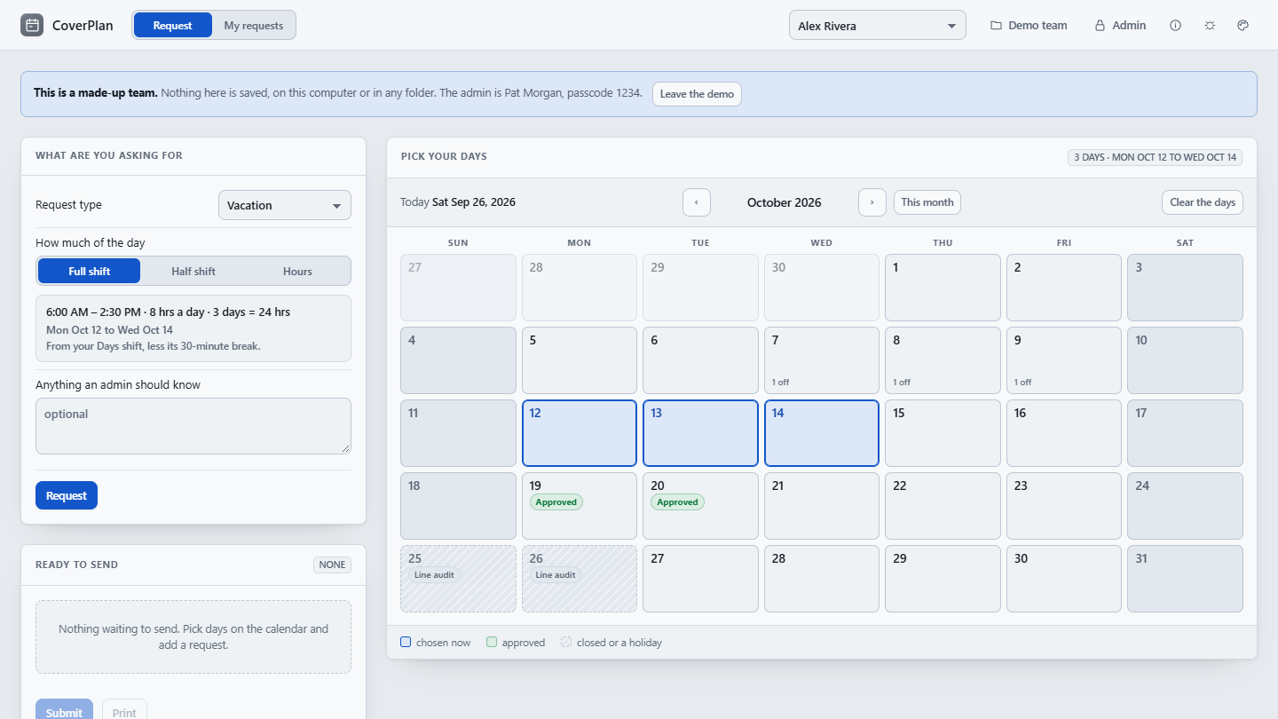 CoverPlan with days picked on the calendar for a time-off request