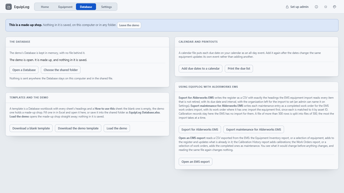 EquipLog's Database page: the Database in the shared folder, blank and demo templates, Add due dates to a calendar, Print the due list, and using EquipLog with Alderworks EMS: Export for Alderworks EMS, Export maintenance for Alderworks EMS and Open an EMS export.