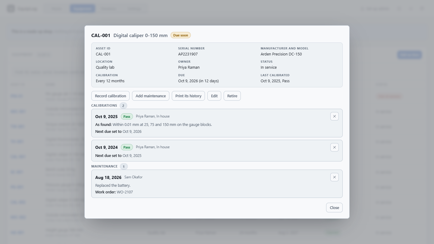 One instrument in EquipLog: a digital caliper's asset ID, serial number, location, owner, interval and due date, over its two calibrations and a maintenance entry, with Print its history.
