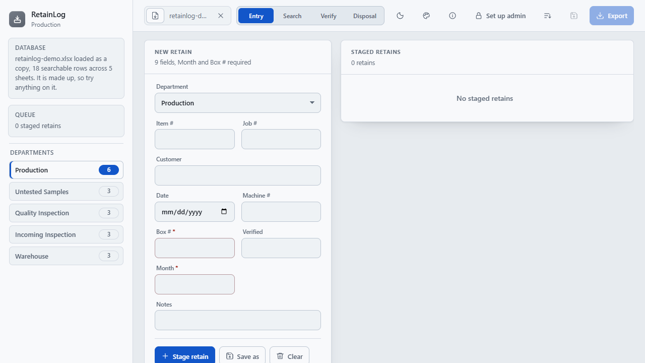 The RetainLog entry form